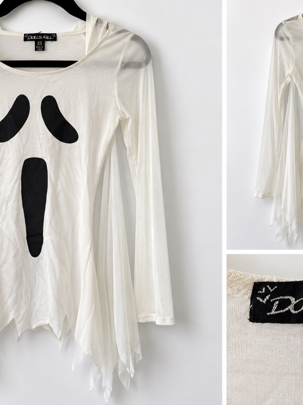 Dolls Kill Ghostface Scream Costume Top XS White Sheer Halloween Goth Horror
